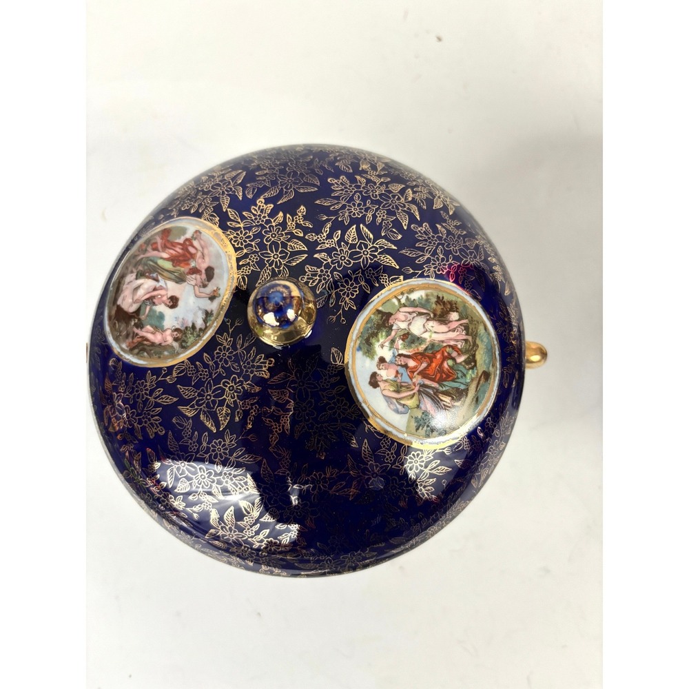 Vintage Cobalt‎ Blue Footed Covered Candy Dish Pair Gold Floral Japan - Picture 3 of 16